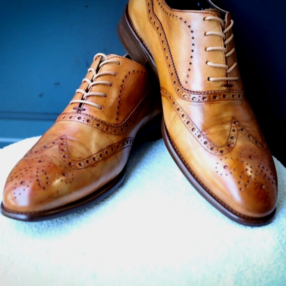 SALE - Calzoleria Toscana 10.5 Brown Cognac Wingtip Oxford Mens Dress Shoes - Picture 1 of 16